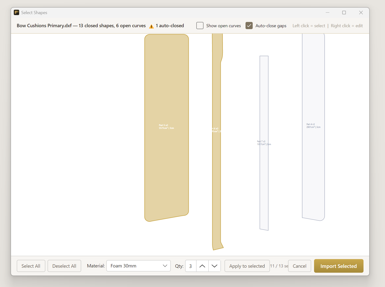 DXF shape picker showing closed shapes from a Bow Cushions drawing, with material and quantity controls
