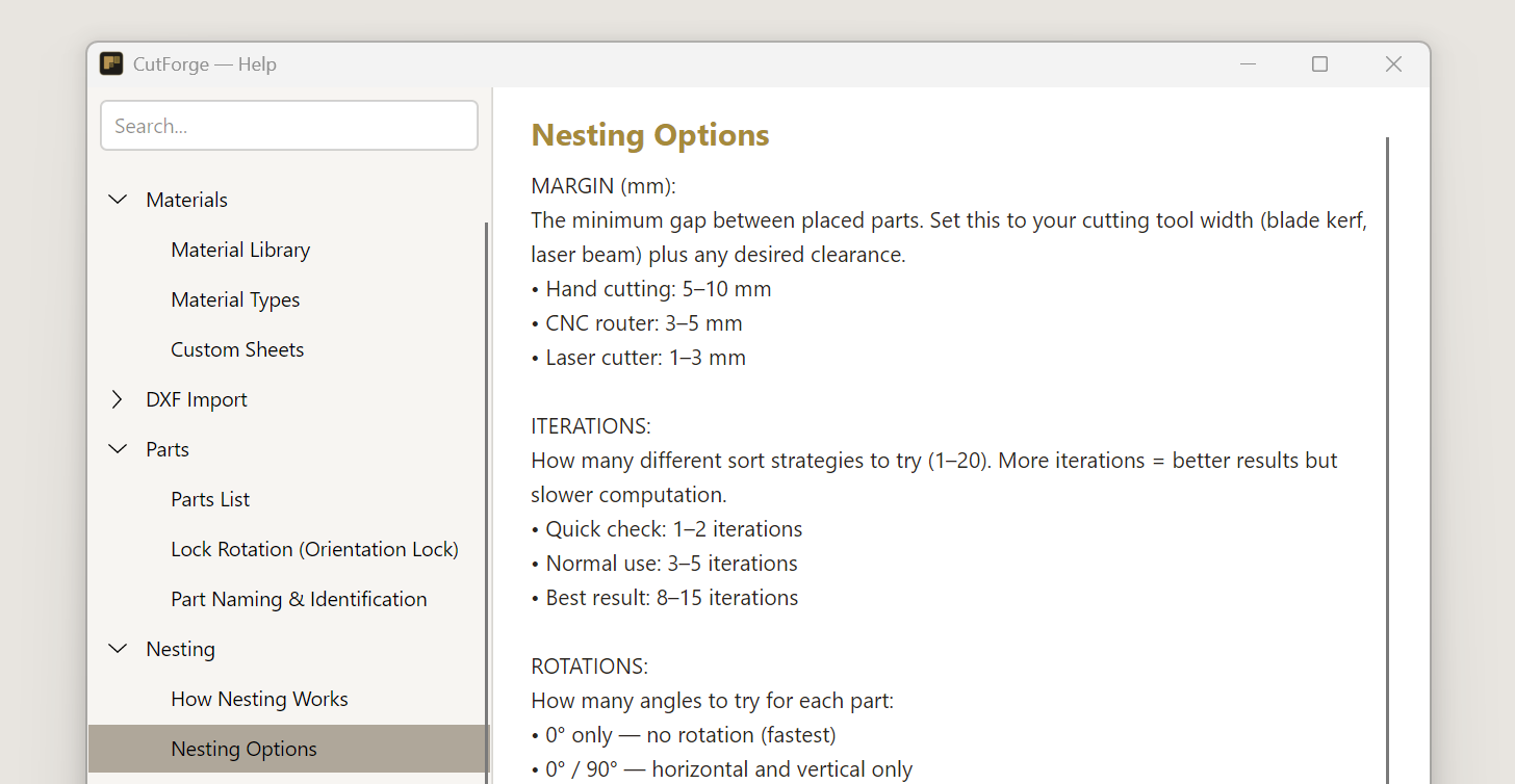 Built-in help window showing searchable topics on Materials, DXF Import, Parts and Nesting
