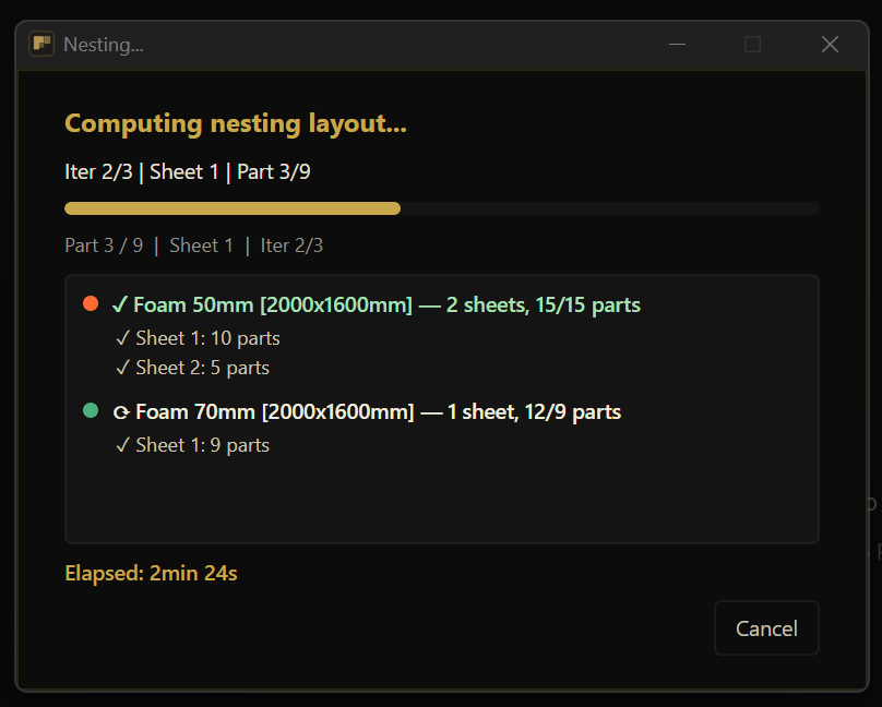 Nesting progress dialog showing per-material rows with completed sheets and live updates